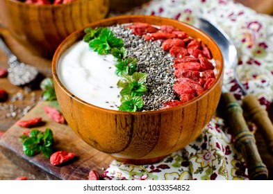 Healthy Breakfast Yogurt Bowl With Chia Seeds, Flax Seeds, Goji Berries