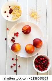 Healthy Breakfast: Yogurt Bowl With Cornflakes, Berries And Fruits On The Side