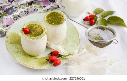 Healthy Breakfast - Yogurt Homemade With Green Tea Matcha