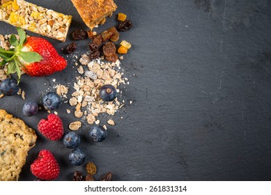 Healthy breakfast,muesli and berries border background