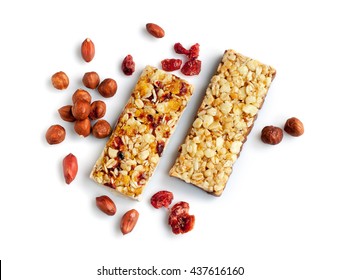 Healthy Cereal Bars With Nuts Isolated On White Background