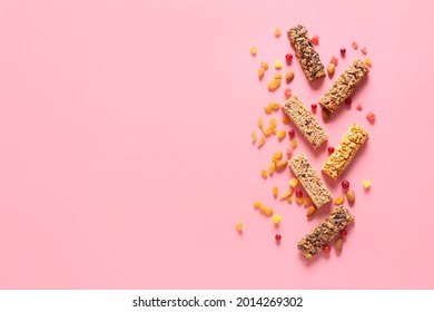 Healthy Cereal Bars On Color Background
