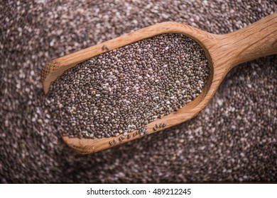 Healthy Chia Seeds With Wooden Spoon, Overhead View