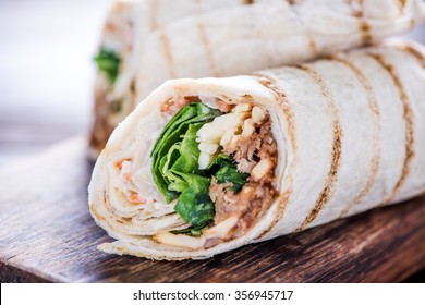 Healthy Chicken Grilled Wrap, On Wooden Serving Board