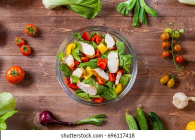 Healthy Chicken Salad In Bowl, Top View