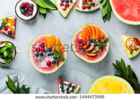 Similar – Image, Stock Photo Tropical fruits on blue plate