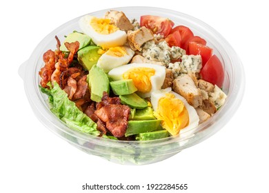 Healthy Cobb Salad In Plastic Package For Take Away Or Food Delivery Isolated On White Background. Close Up. Keto Diet