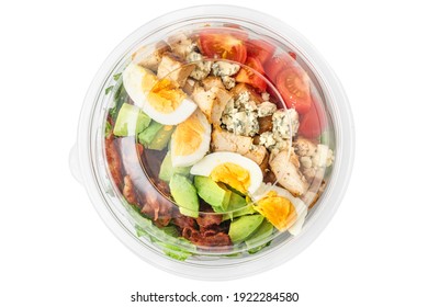 Healthy Cobb Salad In Plastic Package For Take Away Or Food Delivery Isolated On White Background. Top View. Keto Diet