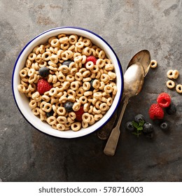 Healthy Cold Cereal With Raspberry And Blueberry In A Bowl, Quick Breakfast Or Snack Overhead Shot