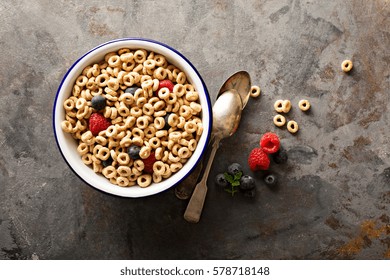 Healthy Cold Cereal With Raspberry And Blueberry In A Bowl, Quick Breakfast Or Snack Overhead Shot