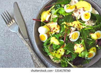 Healthy colorful salad bowl. Salad with chicken breast, quail eggs and flaxseeds. Concept of healthy or dietary food. Superfoods Eco food. Fitness food. Keto diet recipe. - Shutterstock ID 1314178760