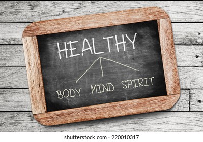Healthy Concept. Body, Mind, And Spirit Drawing On Blackboard 