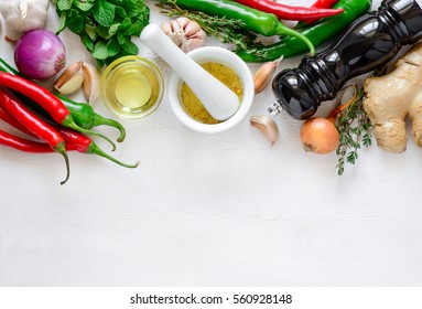 Healthy cooking concept, culinary ingredients view from above, space for a text