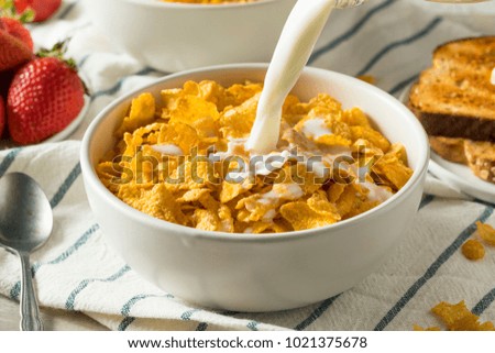 Healthy Corn Flakes with Milk for Breakfast with Fruit