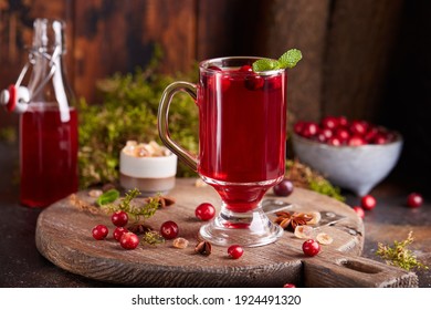 Healthy Cranberry Juice Drink And Fresh Cranberries. Traditional Russian Beverage Mors. Cranberry Tea.