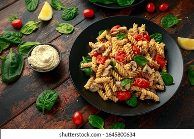 Healthy Creamy Hummus Pasta With Mushroom And Roast Tomatoes. Vegan Vegetarian, Plant Based.