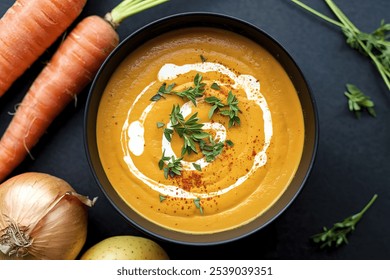 a healthy curcuma cream soup with carrots, onions, and potatoes - Powered by Shutterstock