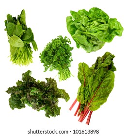 Healthy Dark Green Leafy Vegetables,kale,spinach,parsley,boston Lettuce,red Tipped Lettuce On A White Background