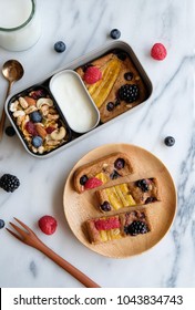 Healthy And Delicious Homemade Meal / Banana Wholemeal Bread With Mixed Nuts, Assorted Berries And Yogurt / Ideal For Light Eaters As Breakfast And Lunch Packed In Bento Box