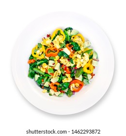 Healthy Delicious Keto Paleo Breakfast On White Plate: Veggie Egg Scramble. White Background. Top View.