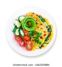 Healthy Delicious Keto Paleo Breakfast On White Plate: Veggie Omelette With Fresh Vegetables And Avocado Flower. White Background. Top View.