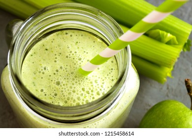 Healthy Detox Green Smoothie In A Mason Jar.