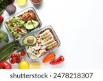 Healthy diet. Different meals in glass containers and products on white background, flat lay. Space for text
