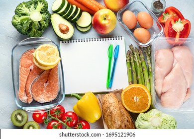 Healthy Diet Eating Plan. Meal Planning. Slimming And Weigh Loss Concept. Top View. Flat Lay