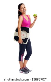 healthy diet eating woman with scale and apple for weightloss