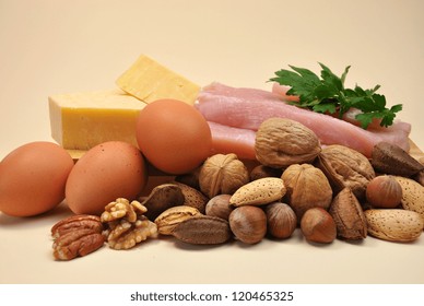 Healthy Diet - Foods That Are A Rich Source Of Proteins, Includes Meat (chicken Or Turkey), Cheese, Eggs And Nuts.