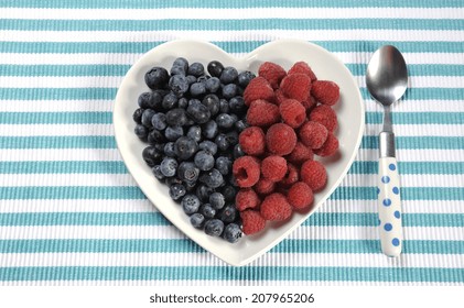 Healthy Diet High Dietary Fiber Breakfast With Blueberries And Raspberries In Heart Shape White Plate On Aqua Blue Stripe Place Setting.