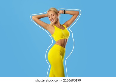 Healthy diet, sport for weight loss concept. Happy young blonde woman in sportswear demonstrating perfect slim body on blue studio background, collage with outlines of overweight silhouette - Shutterstock ID 2166690199