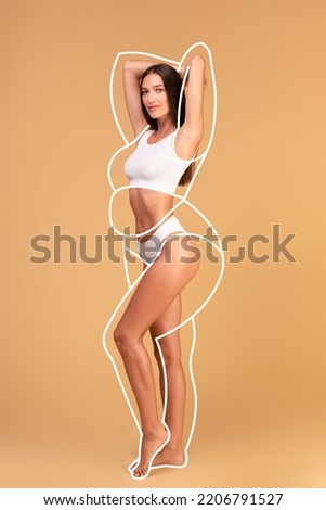 Healthy diet, sport for weight loss. Happy young lady in underwear demonstrating perfect slim body on beige studio background, collage with outlines of overweight silhouette