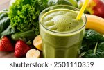 Healthy dieting and nutrition, lifestyle, vegan, alkaline, vegetarian concept. Green smoothie with organic ingredients, vegetables. Spinach smoothie.
