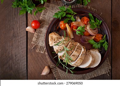  Healthy Dinner - Healthy Baked Chicken Breast With Vegetables On A Ceramic Plate In A Rustic Style. Top View.