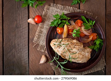  Healthy Dinner - Healthy Baked Chicken Breast With Vegetables On A Ceramic Plate In A Rustic Style. Top View.