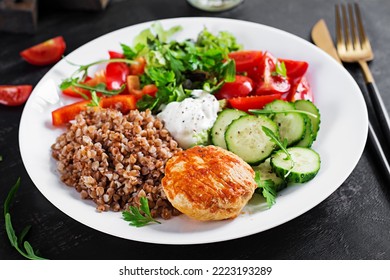 Healthy Dinner. Lunch Bowl With Buckwheat Porridge, Fried Chicken Cutlet And Fresh Vegetable Salad.