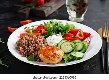 Healthy Dinner. Lunch Bowl With Buckwheat Porridge, Fried Chicken Cutlet And Fresh Vegetable Salad.