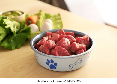 Healthy Dog Food On Wooden Background