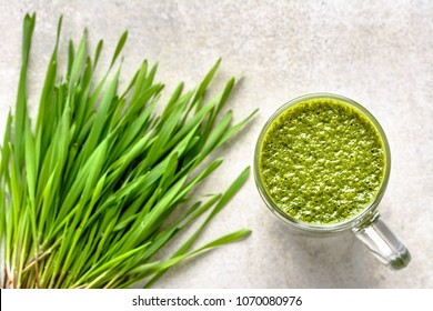 Healthy Drink With Organic Barley Grass, Green Smoothie In Jar, Overhead