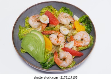 Healthy Eating, Avocado Salad With Poached Shrimps, Quail Eggs And Gem Lettuce