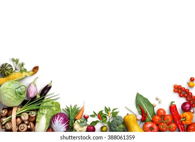 Healthy eating background. Food photography different fruits and vegetables isolated white background. Copy space. High resolution product