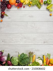 Healthy Eating Background / Studio Photography Of Different Fruits And Vegetables On Wooden Table 