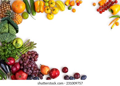 Healthy Eating Background / Studio Photography Of Different Fruits And Vegetables On White Backdrop 