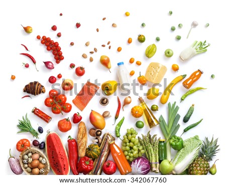 Healthy eating background / studio photography of different fruits and vegetables isoleted on white backdrop, top view. High resolution product.