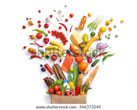 Healthy eating background / studio photography of different fruits and vegetables on white backdrop. Healthy food background, top view. High resolution product,