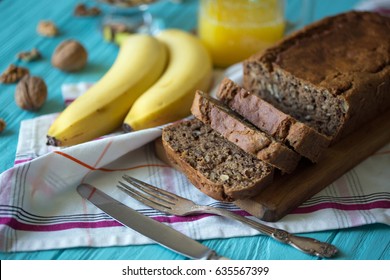 Healthy Eating. Banana Bread, Bananas And Orange Juice On The Table
