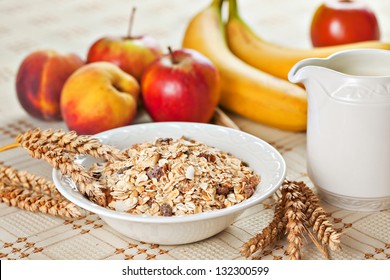 Healthy Eating Breakfast Low Calories Bowl Of Swiss Muesli With Fruits And Milk