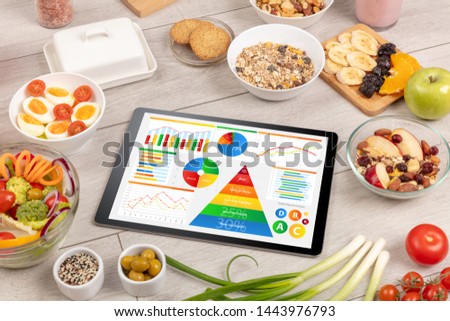 healthy eating concept - close up of tablet with several dieting statistics