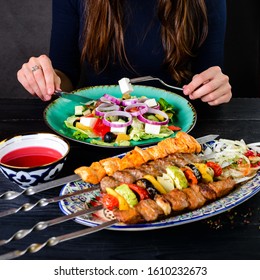 Healthy Eating, Dieting And People Concept - Close Up Of Young Woman Eating Vegetable Salad At Home, Woman Eat Greek Salad Close-up